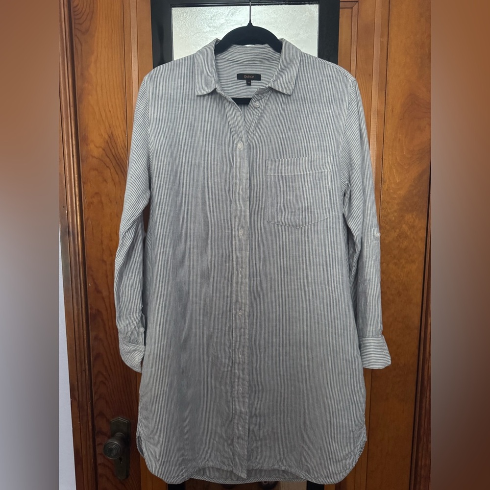Quince 100% European Linen Shirt Dress - Blue Pinstripe (XS)